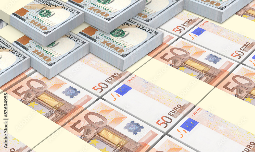 European currency bills stacks with american dollars background.