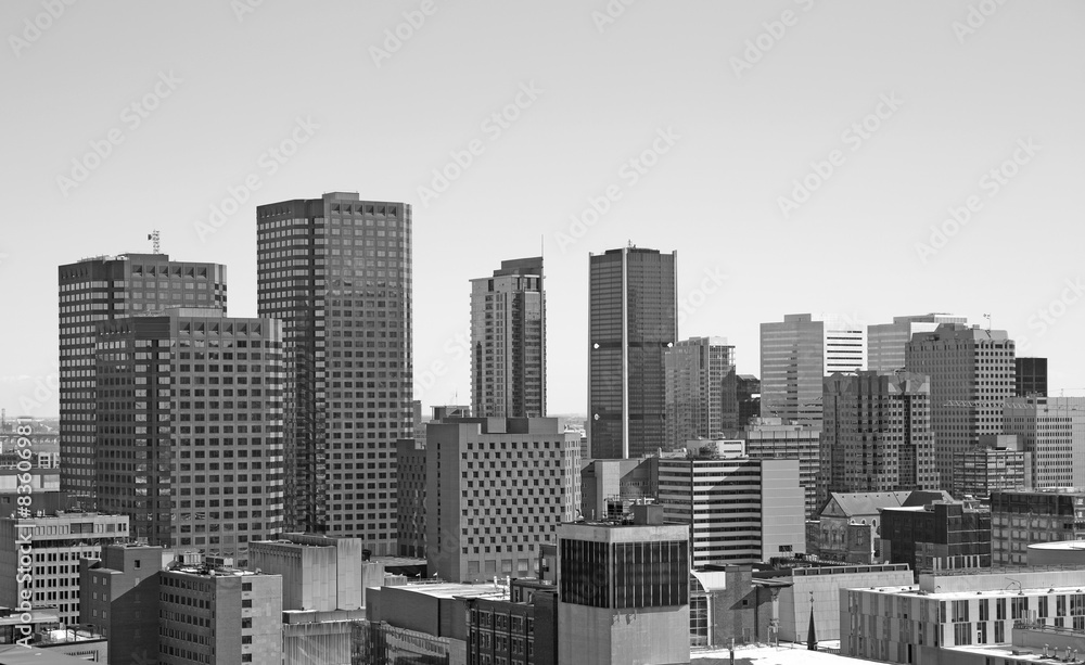 Black and white cityscape of Montreal, Canada
