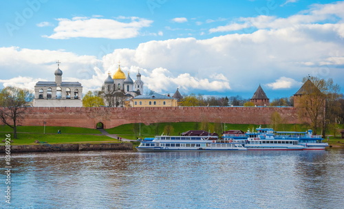 View of the Kremlin and dock with boats in Veliky Novgorod