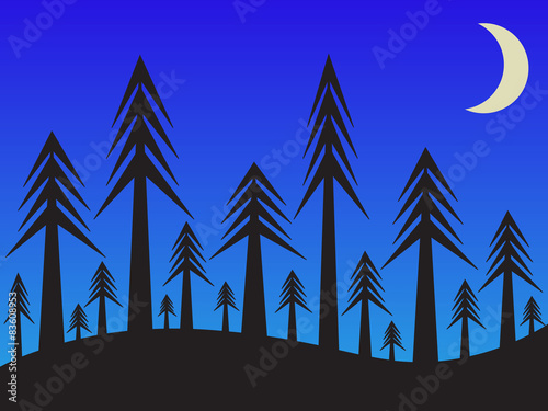 Forest silhouette on hill with moon