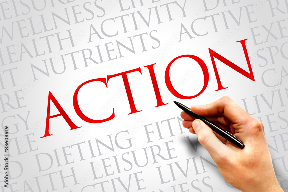 Action word cloud, health concept Action word cloud, health concept