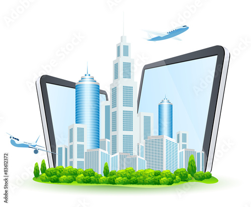 Business City with Two Tablet Computers and Two Airbuses