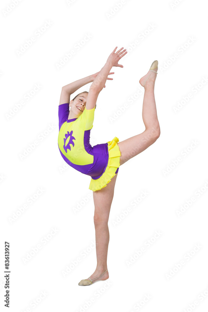 Cute young girl doing gymnastics isolated over white
