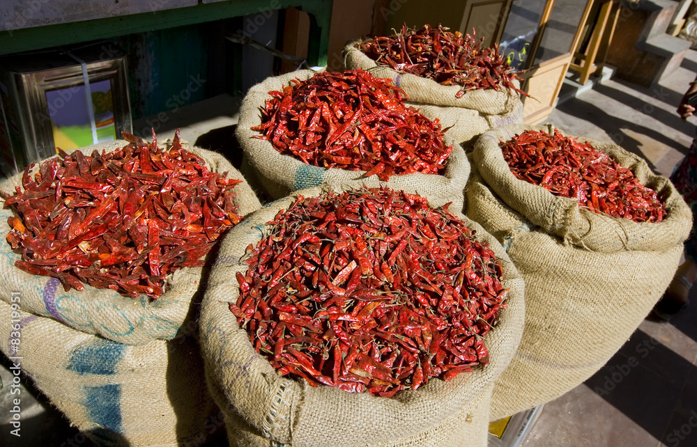 Chilli Red Pepper on Indian Jaipur Market, Rajasthan, India