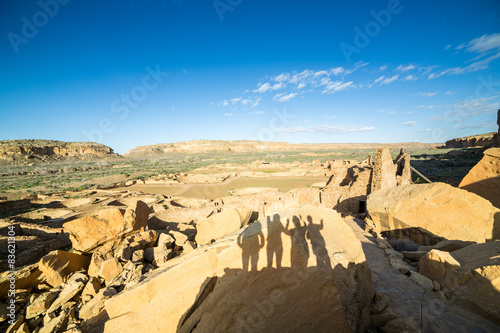 Tourist's shadows in Chaco Culture National Historical Park, NM,
