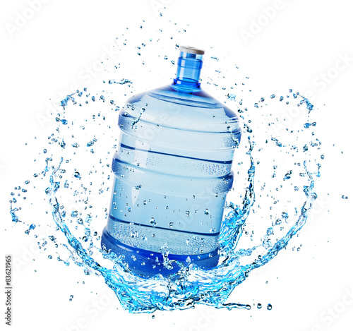 big water bottle in water splash isolated on white background