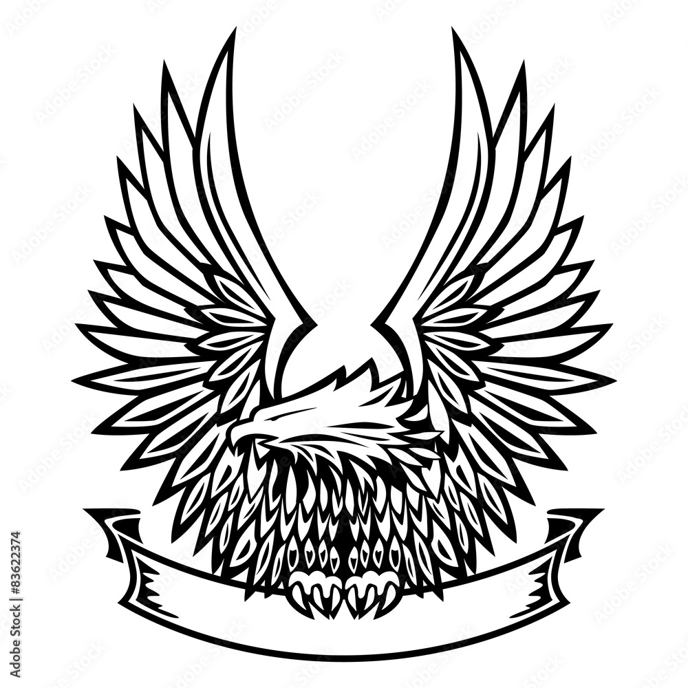 Naklejka premium Eagle Emblem, Wings Spread, Holding Banner. Isolated Vector Illustration