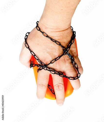 human hand with a small chain on his hands isolate on white back