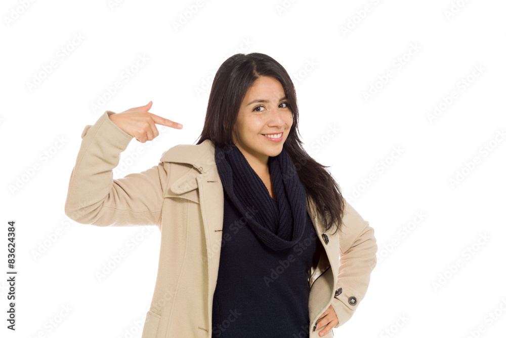 Model isolated pointing to herself Model isolated pointing to herself