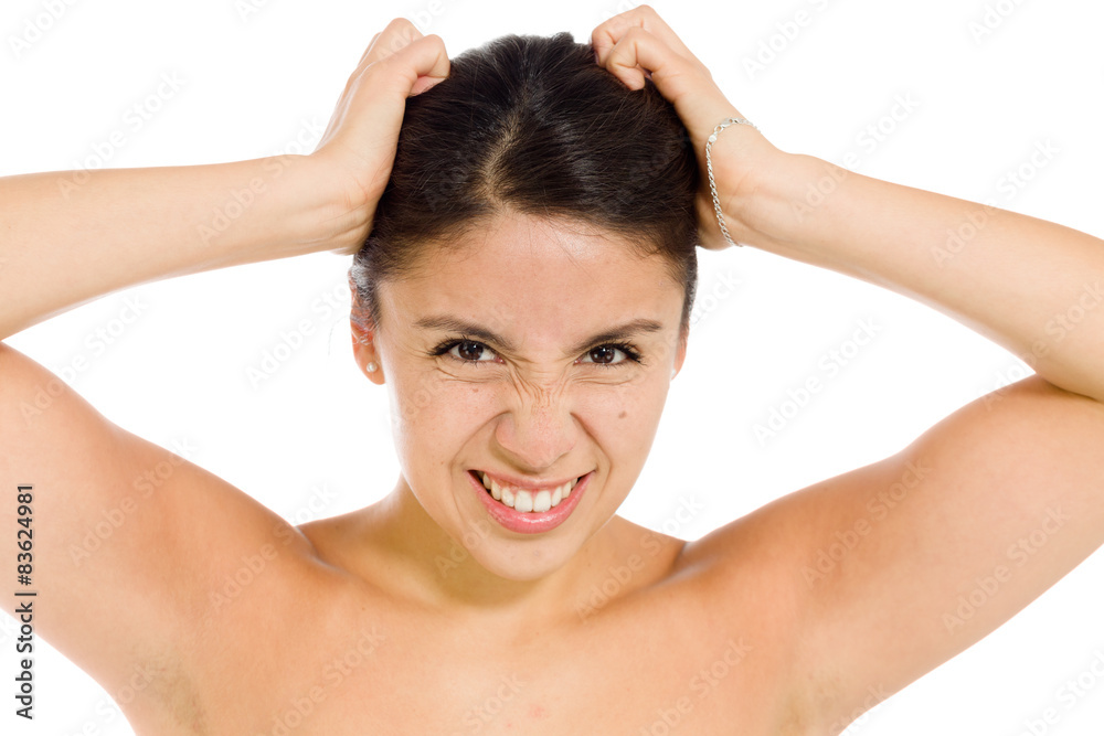 Stressed model pulling hairs