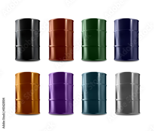 Colorful blank barrels collection isolated on white background
