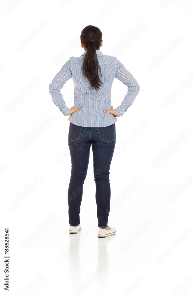 Model isolated showing her back Model isolated showing her back