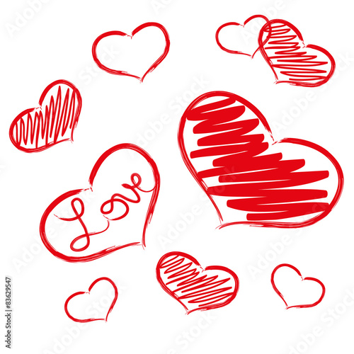 red love heart symbols grunge hand-drawn eps10