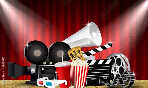Red curtain cinemas films on the stage with stage lights