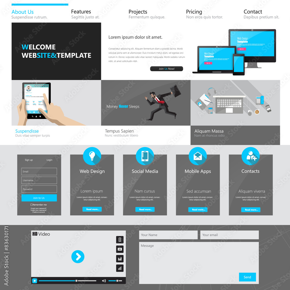 Modern website template design vector illustration - obrazy, fototapety, plakaty 