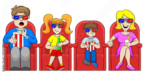 family is watching a 3D movie in a cinema