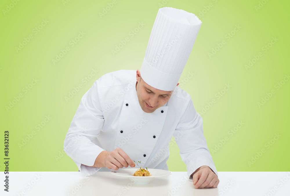 happy male chef cook decorating dish happy male chef cook decorating dish
