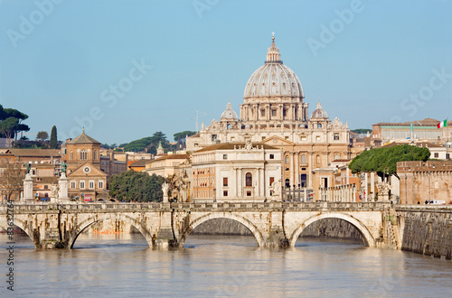 Rome - Angels bridge and St. Peters basilica in morning