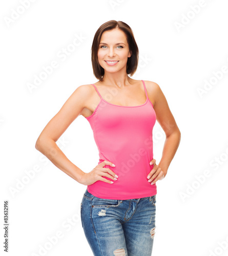 woman in blank pink tank top