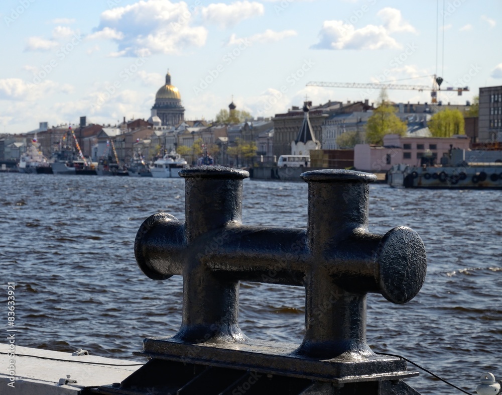 A bollard on the docks at the prospect of St. Isaac's Cathedral