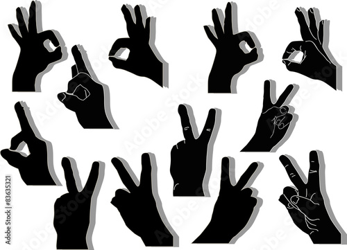 set of twelve hands with shadows on white