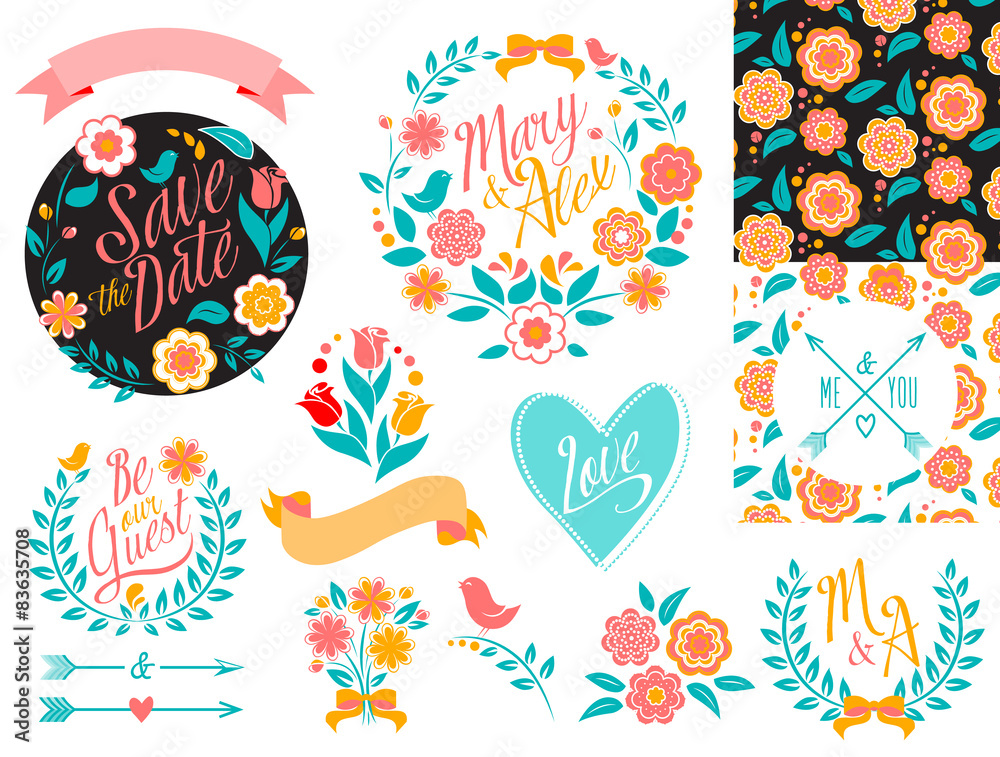 BIG Wedding graphic set, arrows, hearts, laurel, wreaths