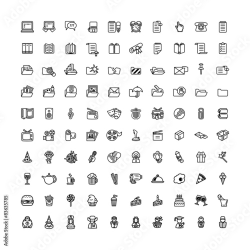 one hundred black outline computer icons isolated on white