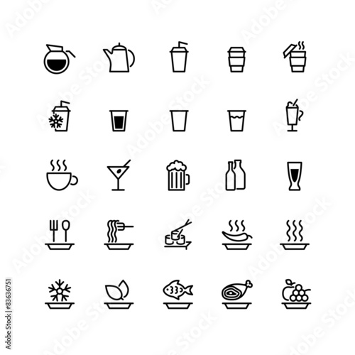 twenty five black food icons isolated on white