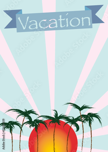 Illustration of sunset with palms and the word vacation