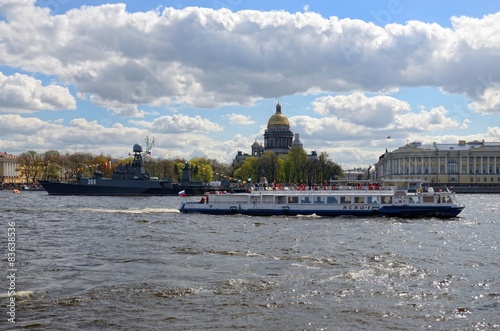 View of St. Isaac's Cathedral, the warship and the waterbus