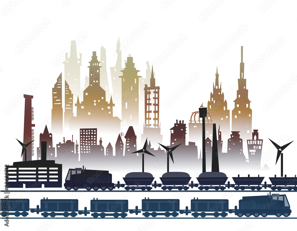 Train running through the city, industrial illustration