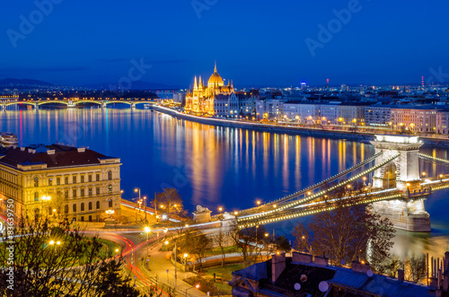 Budapest  Hungarian Parliament and Danube at blue hour
