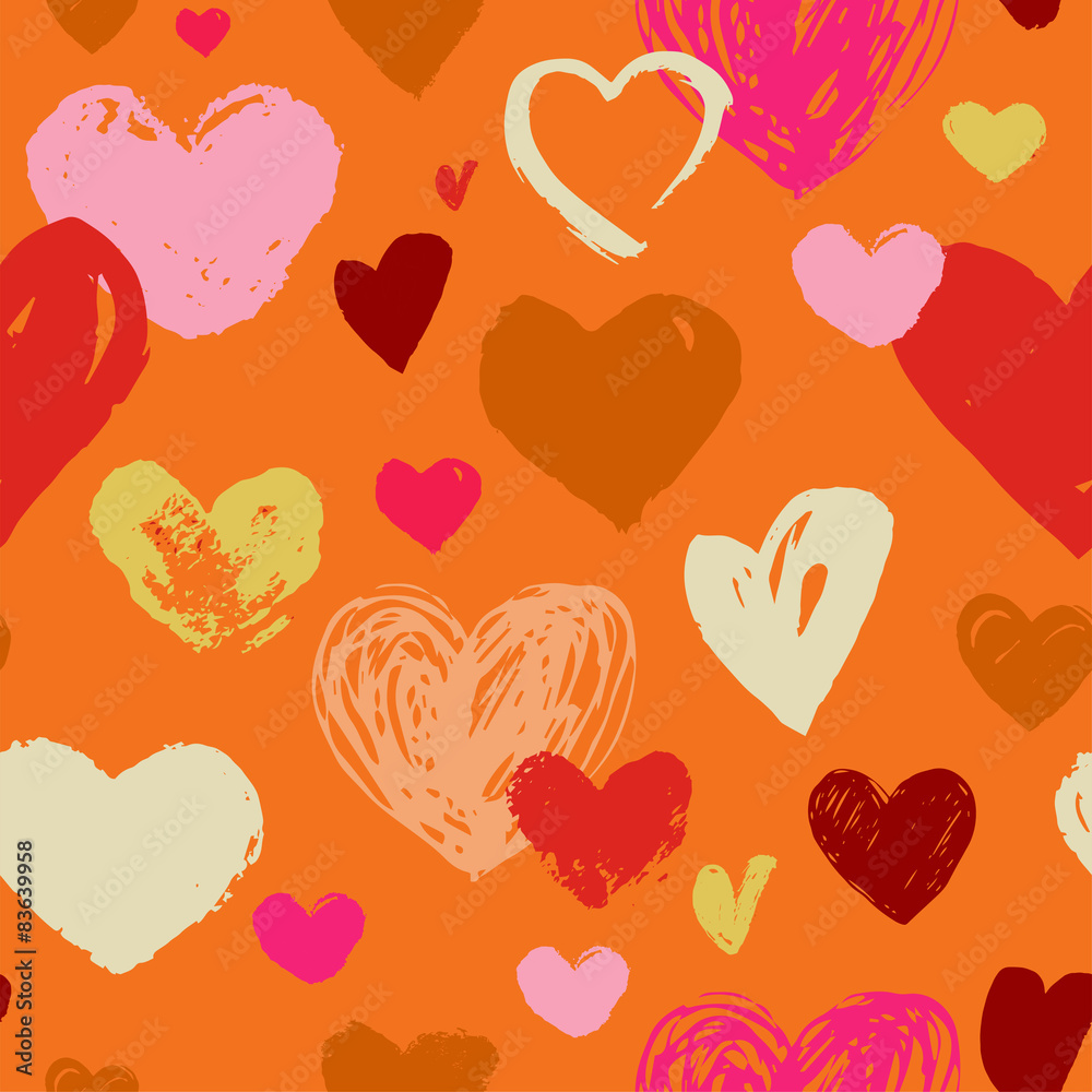 Seamless red hand drawn doodle pattern with hearts