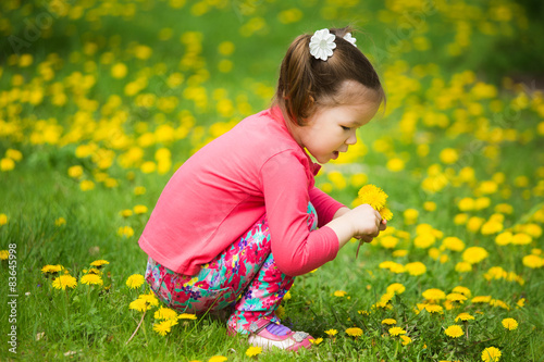 cute pretty little girl with yellow dandelions
