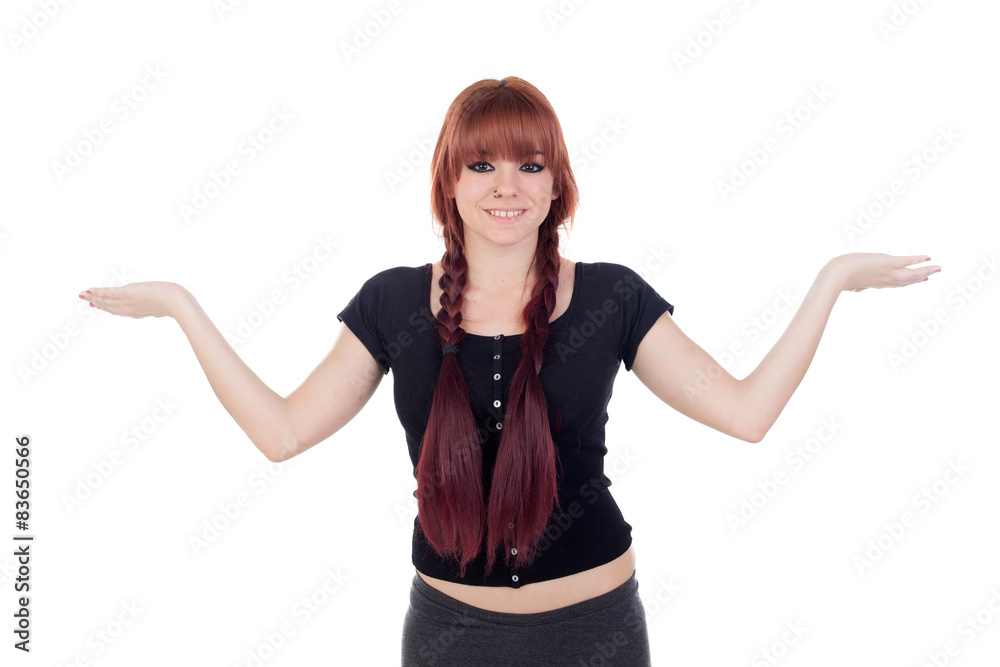 Teenage girl dressed in black with a piercing outstretched arms Teenage girl dressed in black with a piercing outstretched arms