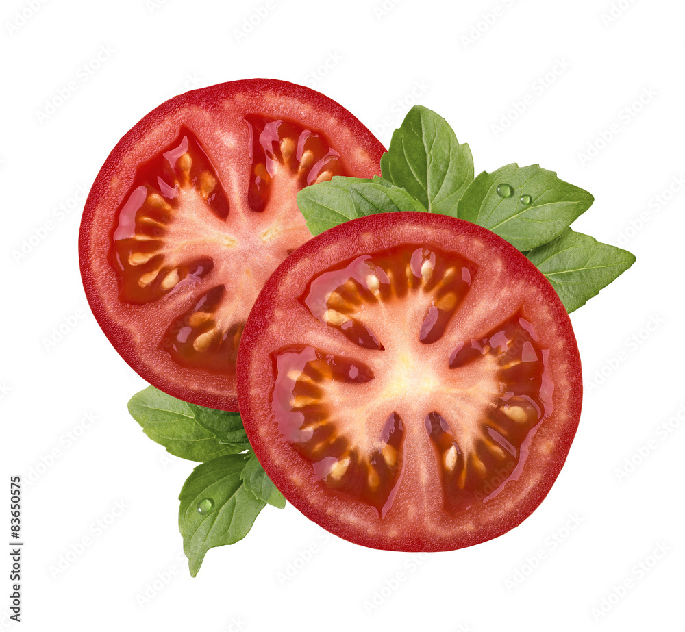 Tomato slice and basil isolated on white background Tomato slice and basil isolated on white background