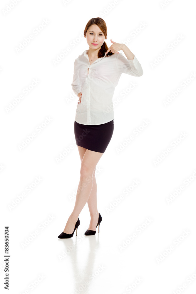 Model isolated pointing to herself Model isolated pointing to herself