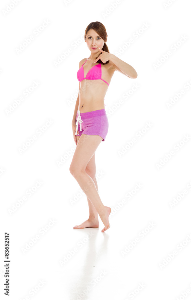 Model isolated pointing to herself Model isolated pointing to herself