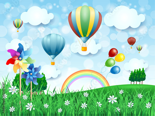 Spring landscape with hot air balloons