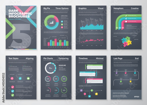 Colorful and flat infographic brochures with black background