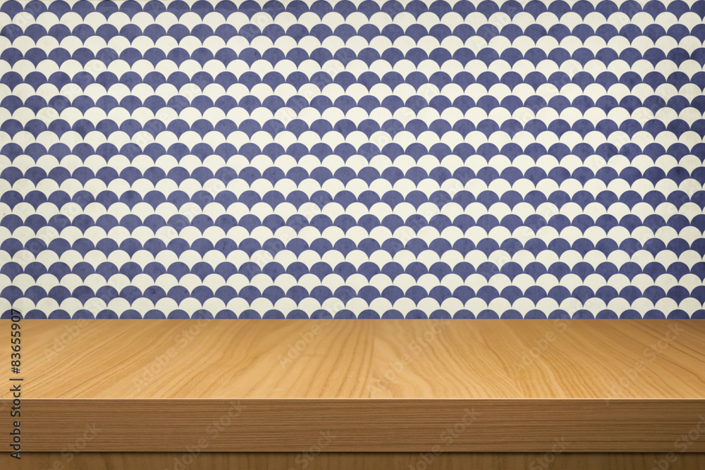 Empty wooden table over  vintage wallpaper