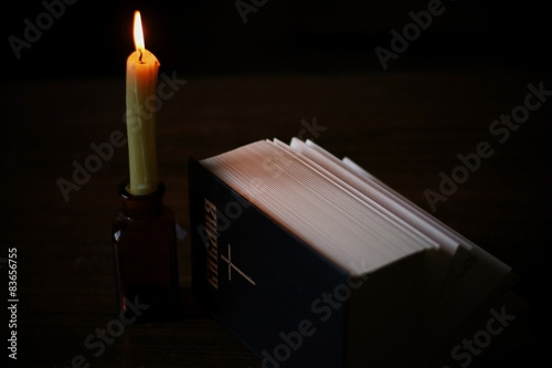 burning candle and bible religion