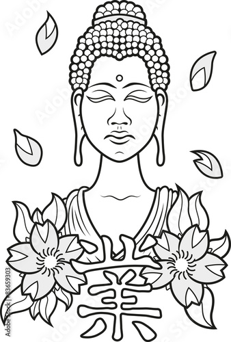 Portrait of Buddha with cherry blossoms and the symbol for Karma