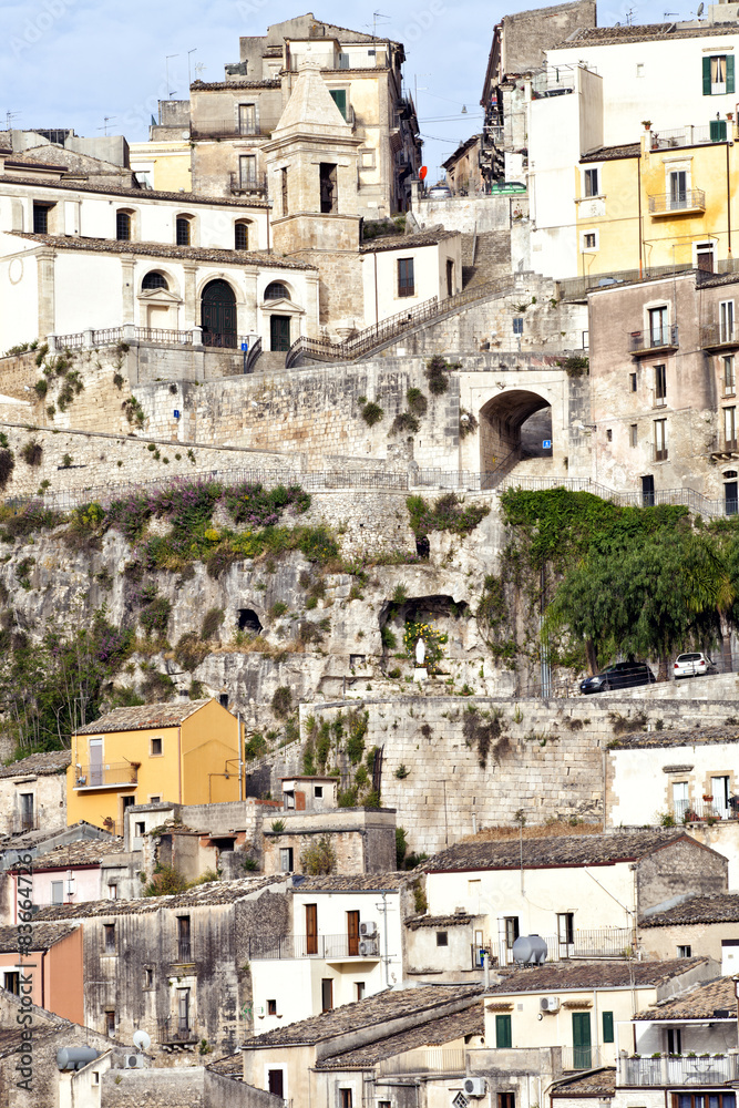 Hill view of charming historic baroque town of Ragusa Italy