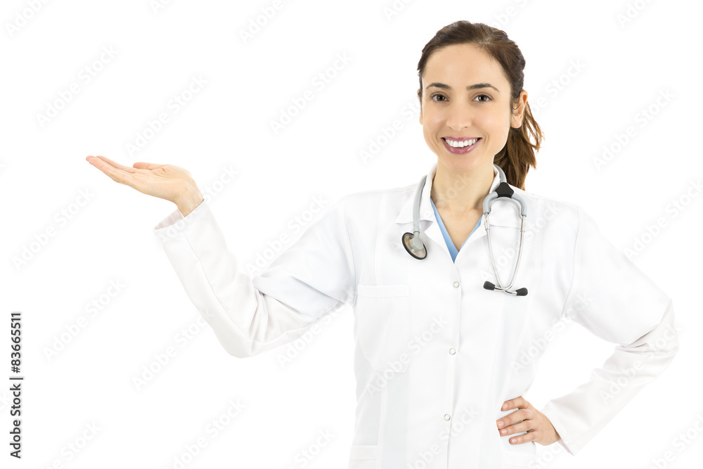 Female doctor or nurse showing product space Female doctor or nurse showing product space