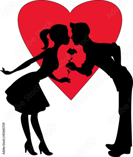 Lovers silhouette on a red heart background