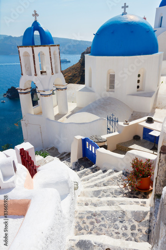 view of caldera with stairs and church, Santorini