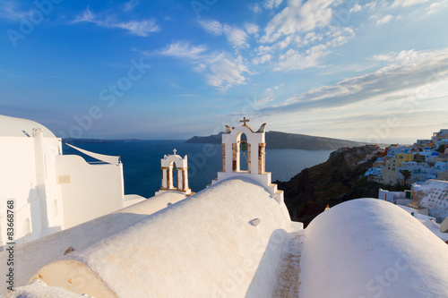 white belfries Santorini island, Greece