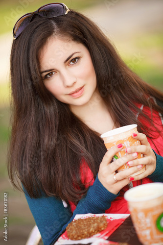 Beautiful woman cafe coffee girl outdoor summer