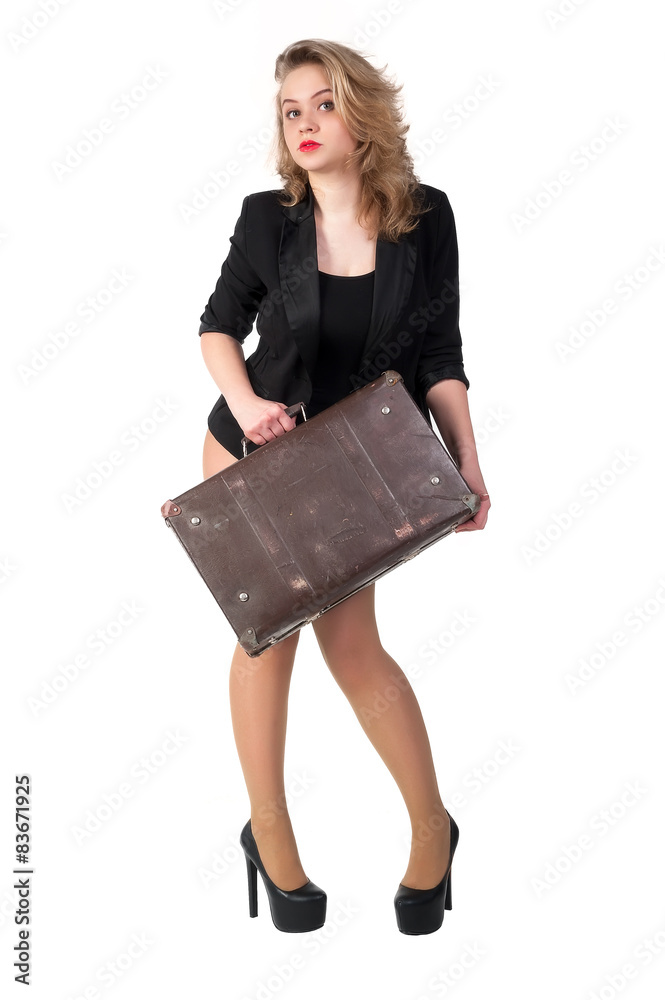 Pretty sexy blonde woman with old suitcase Pretty sexy blonde woman with old suitcase
